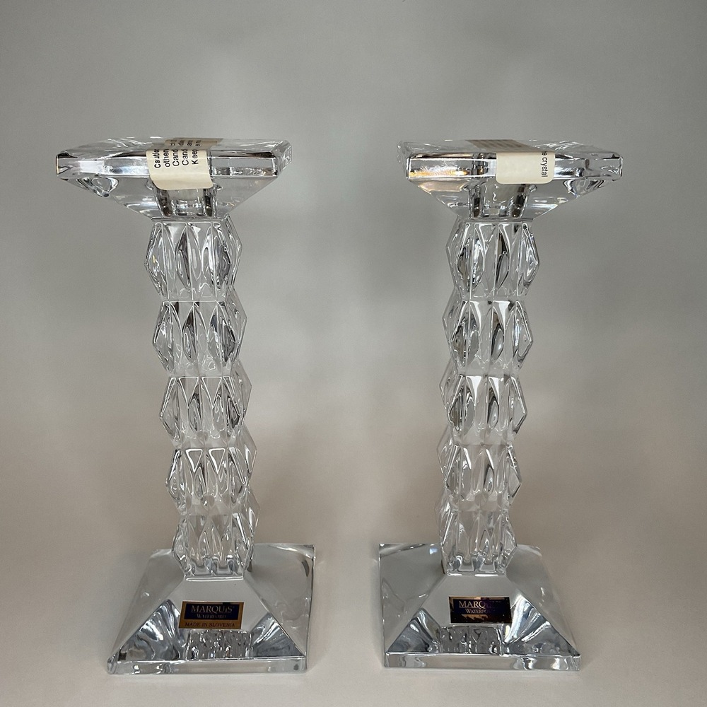 Waterford Marquis Crystal Paradox Candlesticks Candle Holders 8" NEW NWB